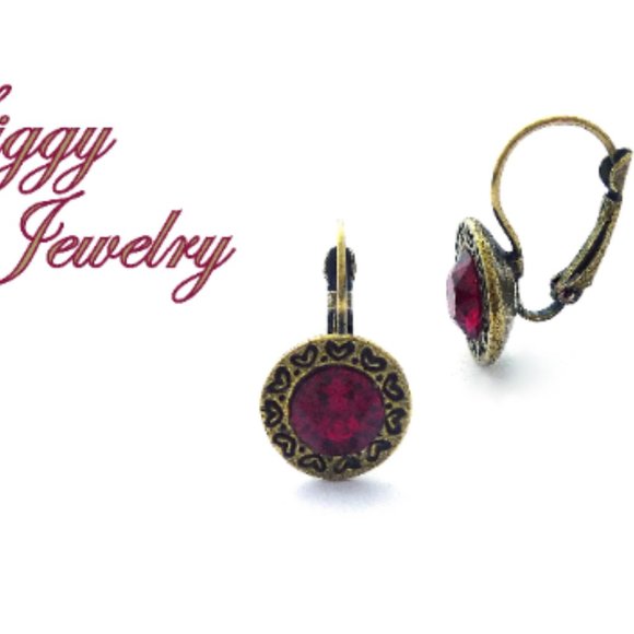 Ruby Earrings made with Genuine Swarovski Crystals, Ornate Heart Decorated Bezel - Picture 3 of 6
